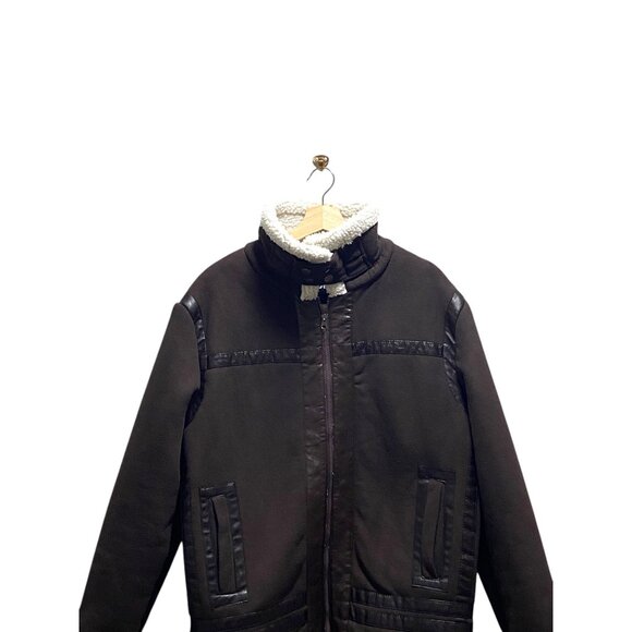 Han Ton Mens High Neck Faux Shearling Bomber Jacket Brown Size L Minimalist Warm - Picture 3 of 13